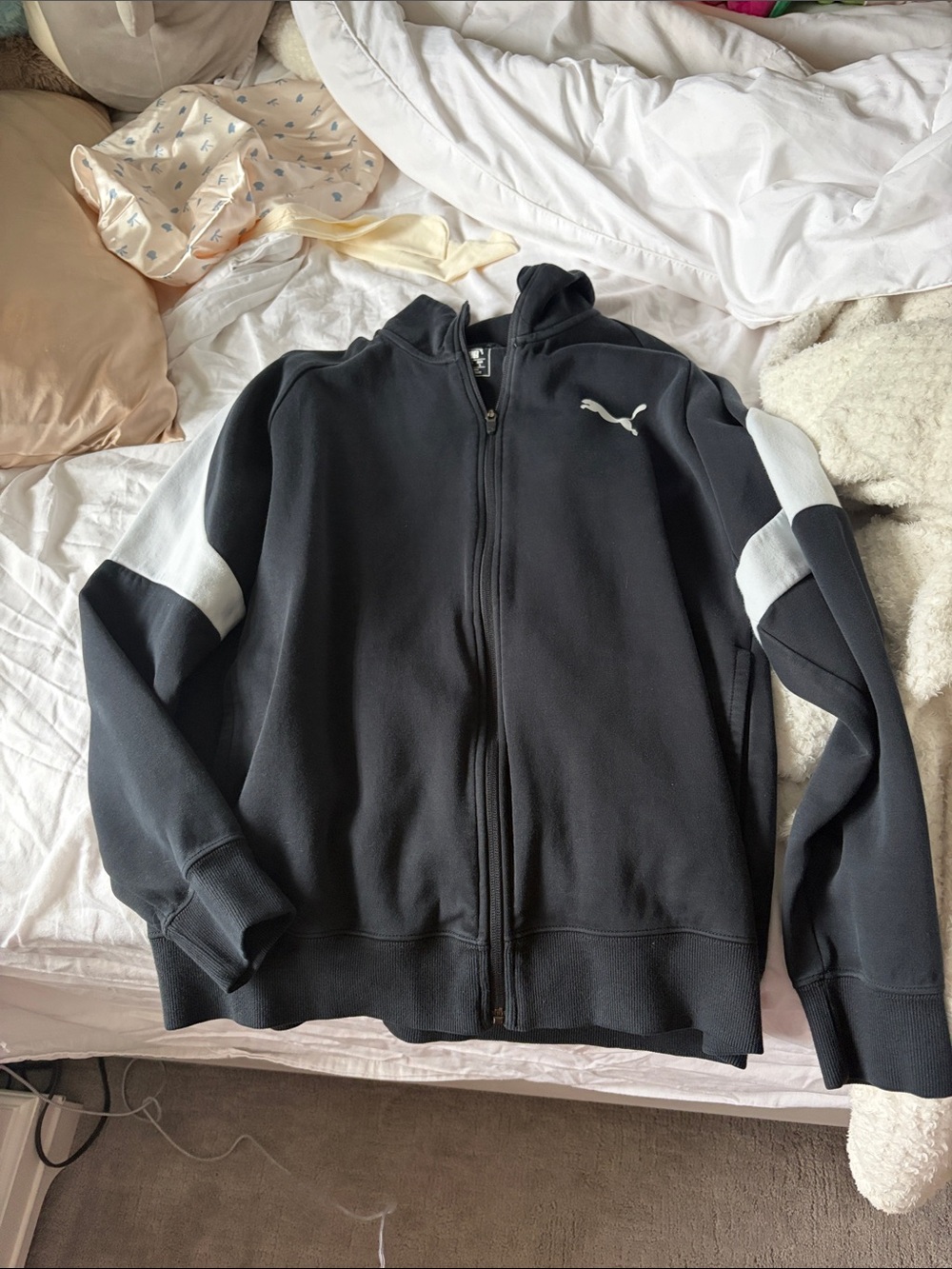 Puma Black Zip Hoodie with White Sleeve Panels